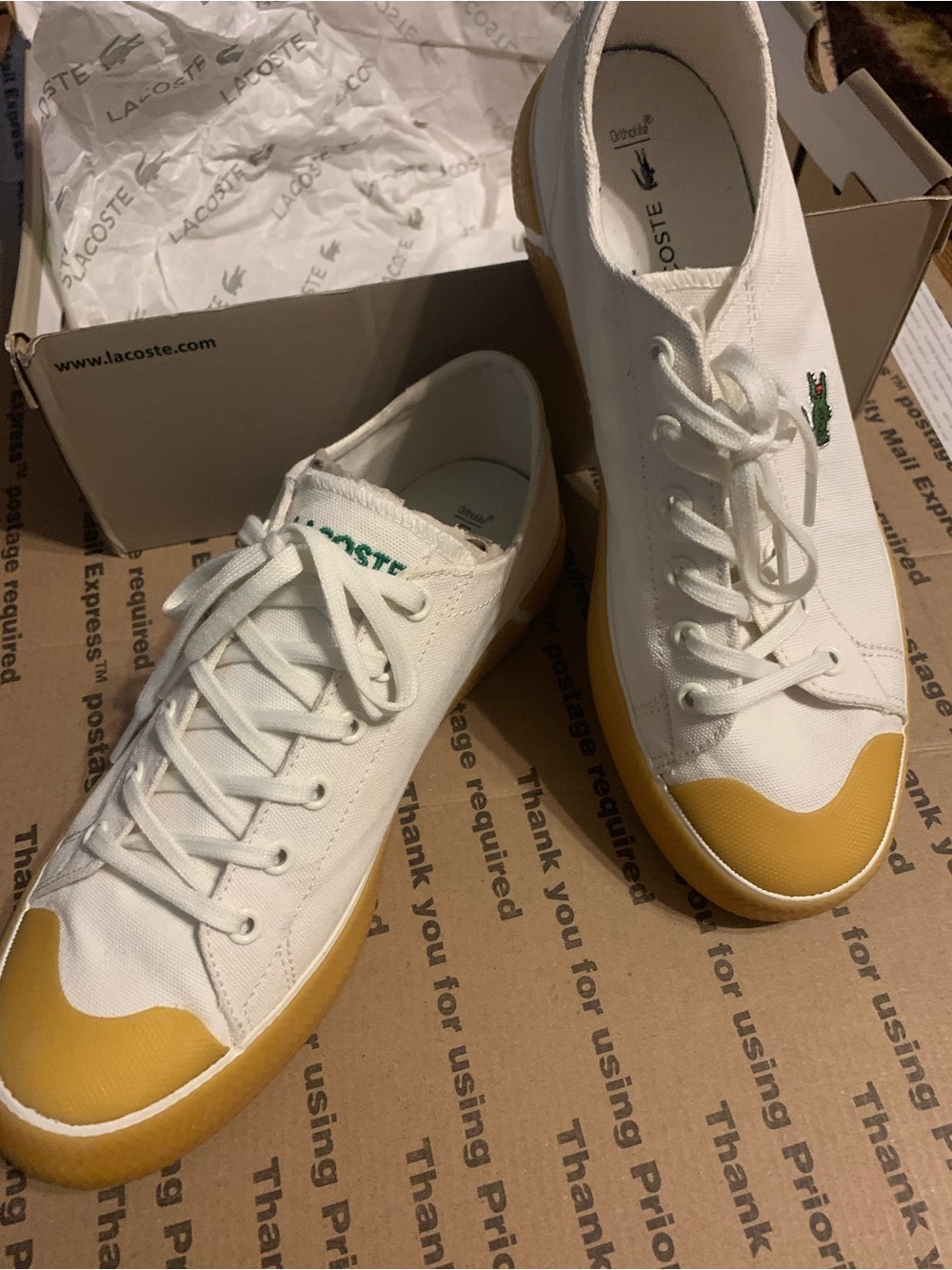 Lacoste White Canvas Low-Top Sneakers with Yellow Toe and Sole
